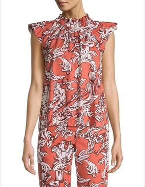 Seventy Venezia Arancio Ruffle Neck Floral Poplin Top Size EU 42